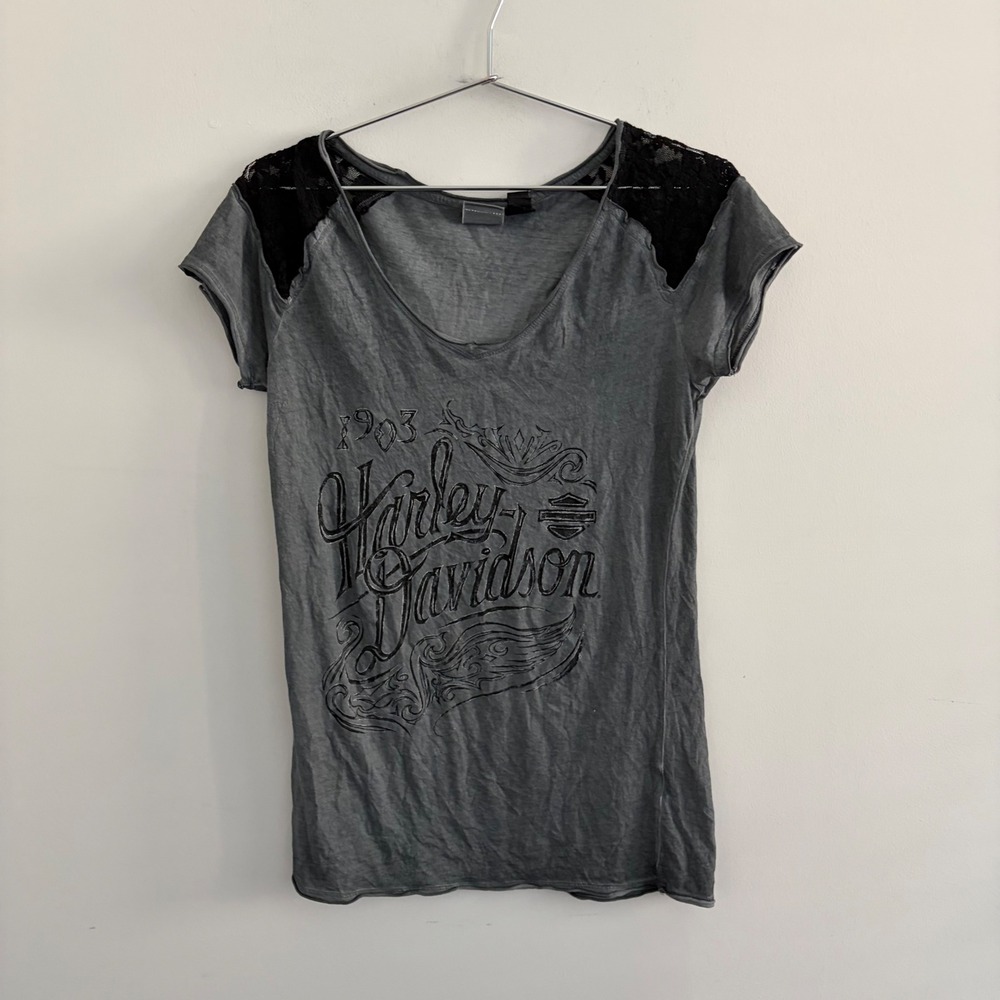 Harley Davidson Women Gray Lace Shoulder Graphic T-Shirt Small